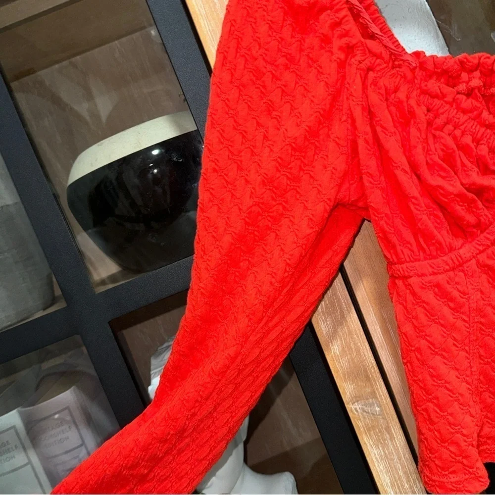 Free People ladybug top corset sweetheart long sleeve crop textured knit fire